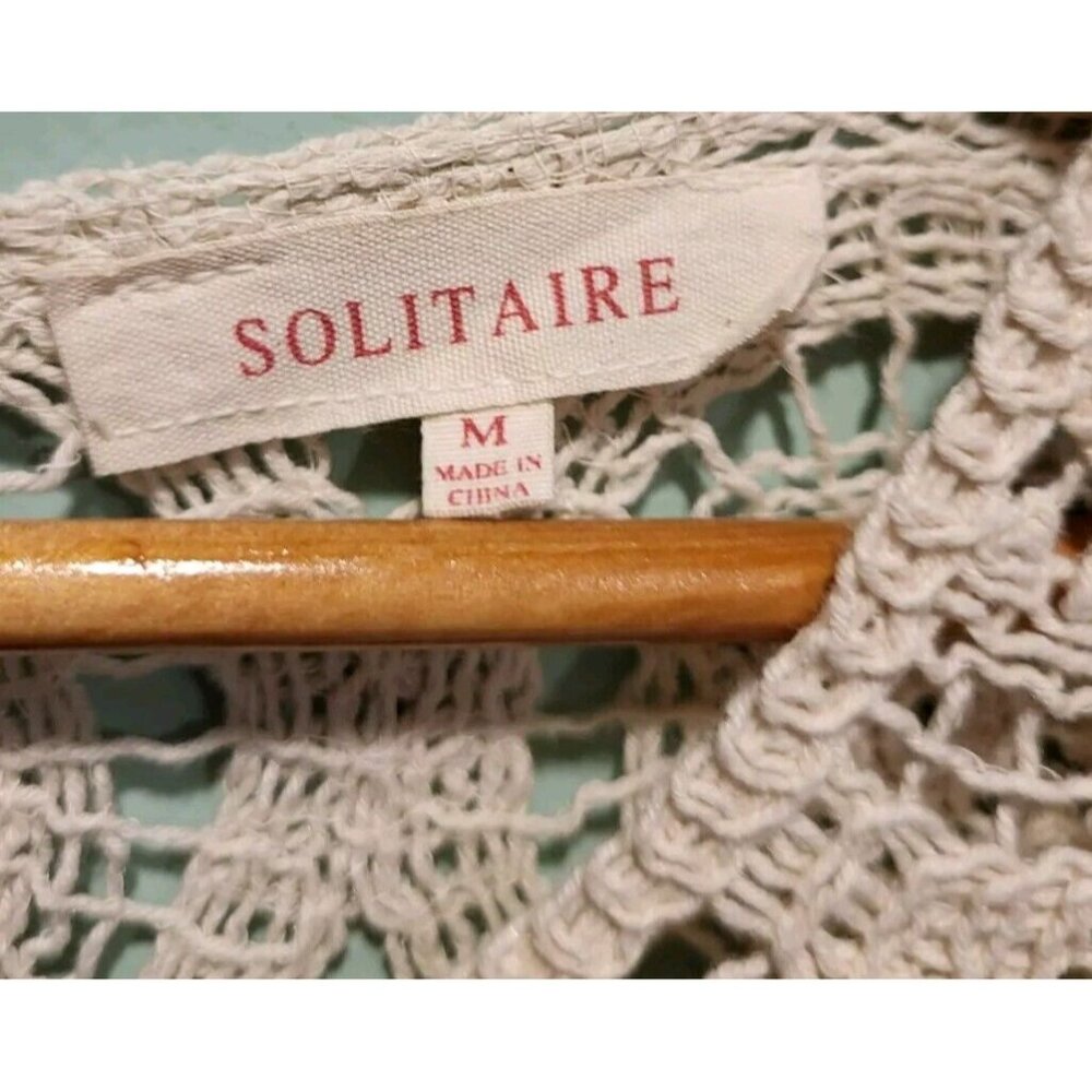 Solitaire Beige Open Knit Short Puff Sleeve Cottagecore Top Sz M - Picture 7 of 9